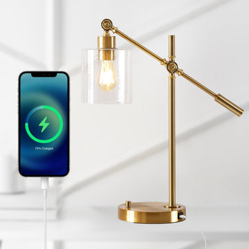 Kathryn Classic 23" Iron/Seeded Glass Adjustable Head Modern USB Charging LED Task Lamp - JONATHAN Y